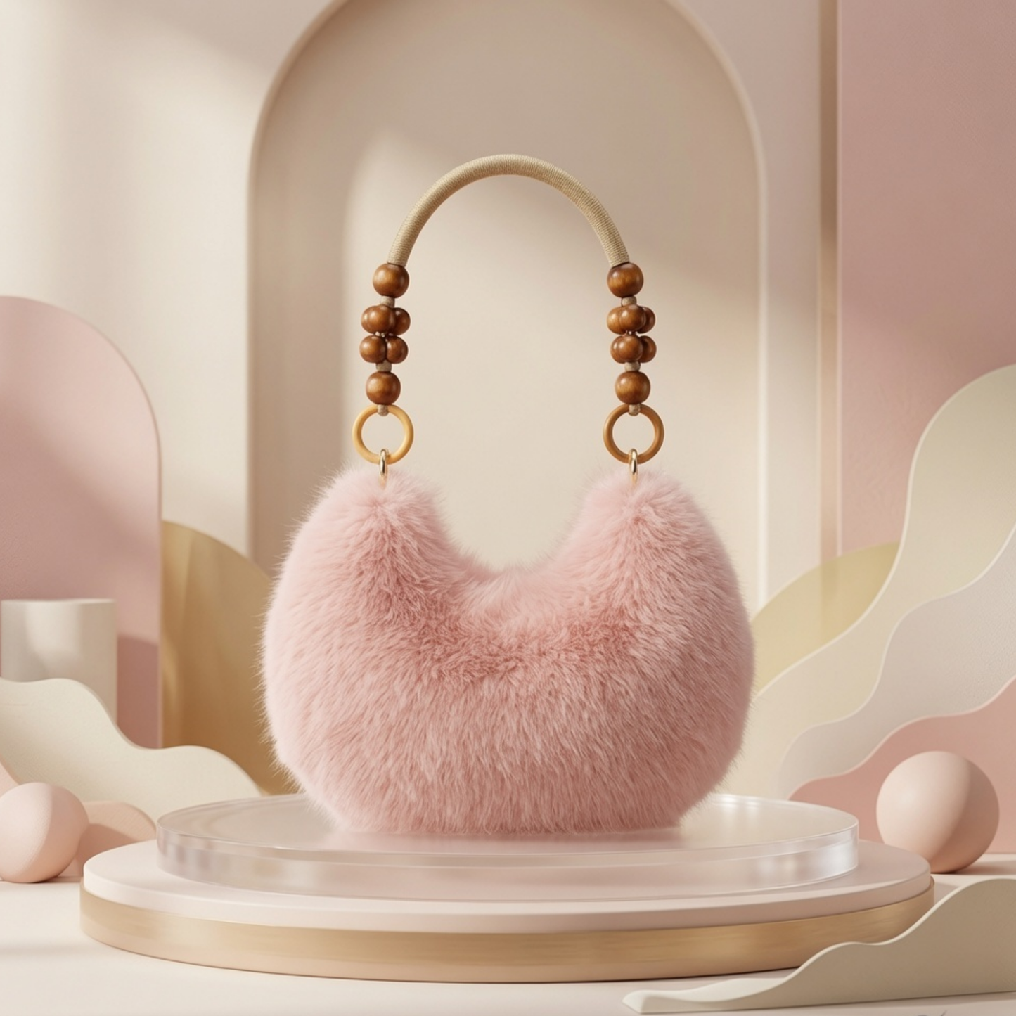 Luxury Faux Fur Handbag with Wooden Bead Handle | Plush Shoulder Bag for Women & Girls