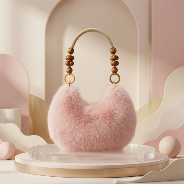 Luxury Faux Fur Handbag with Wooden Bead Handle | Plush Shoulder Bag for Women & Girls