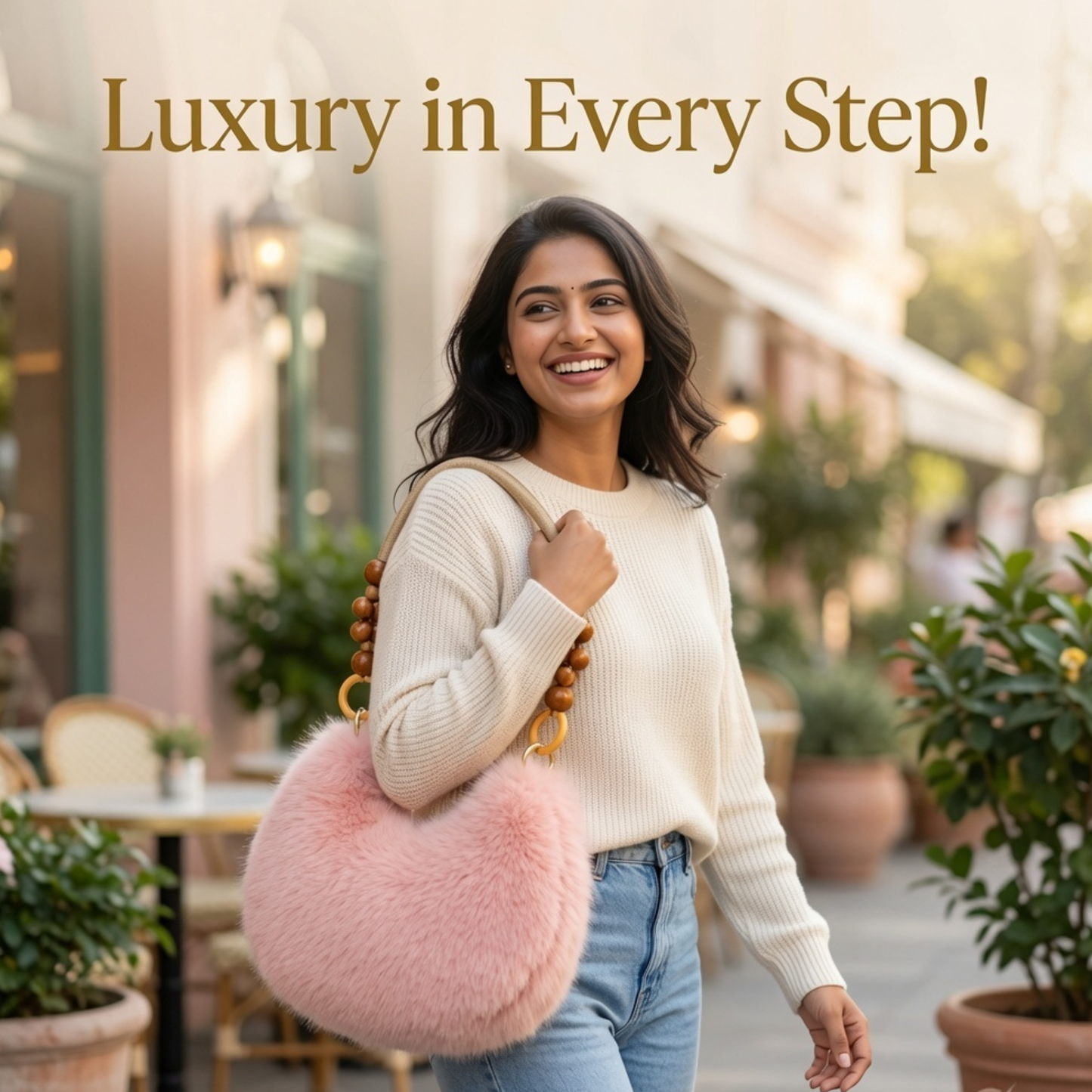 Luxury Faux Fur Handbag with Wooden Bead Handle | Plush Shoulder Bag for Women & Girls