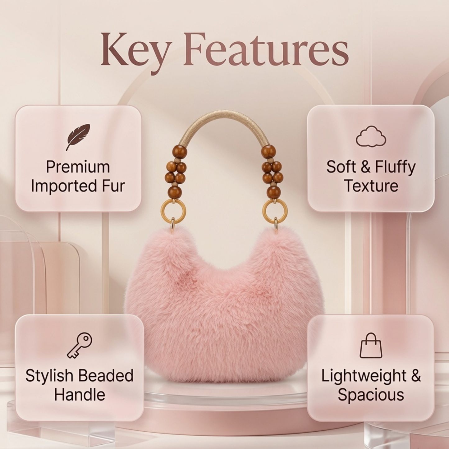 Luxury Faux Fur Handbag with Wooden Bead Handle | Plush Shoulder Bag for Women & Girls