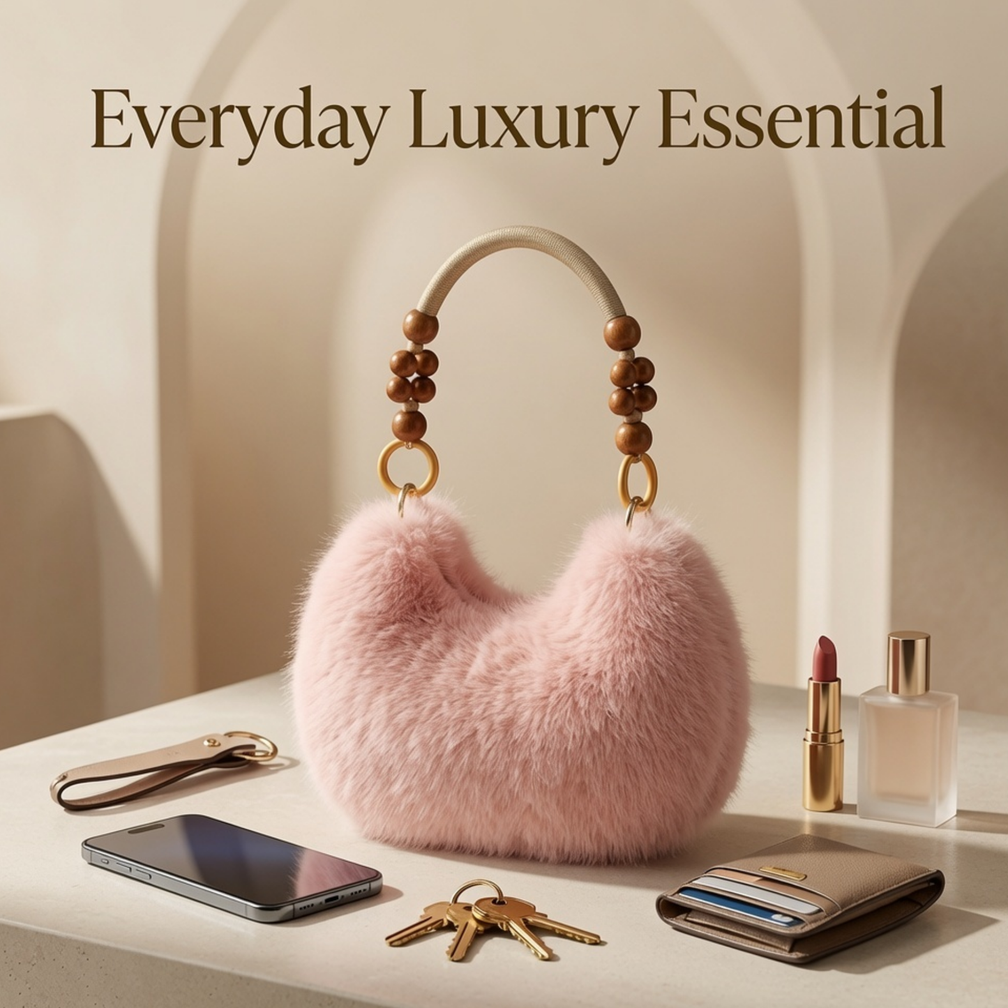 Luxury Faux Fur Handbag with Wooden Bead Handle | Plush Shoulder Bag for Women & Girls