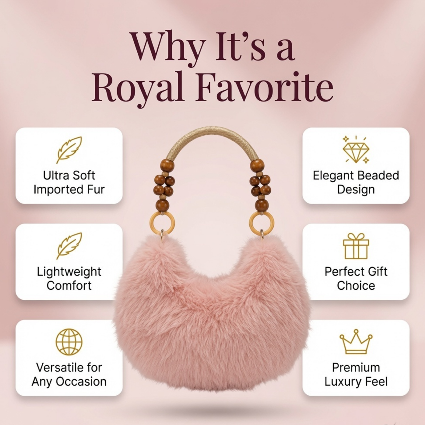 Luxury Faux Fur Handbag with Wooden Bead Handle | Plush Shoulder Bag for Women & Girls