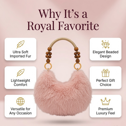 Luxury Faux Fur Handbag with Wooden Bead Handle | Plush Shoulder Bag for Women & Girls
