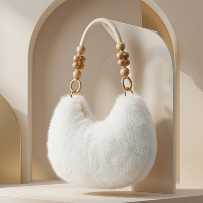 Luxury Faux Fur Handbag with Wooden Bead Handle | Plush Shoulder Bag for Women & Girls