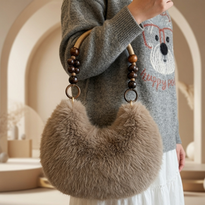 Luxury Faux Fur Handbag with Wooden Bead Handle | Plush Shoulder Bag for Women & Girls