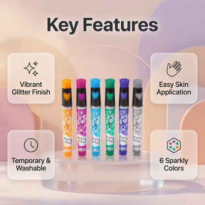 Pretty Color Glitter Tattoo Pen Set with Stencils set of 6 Colours