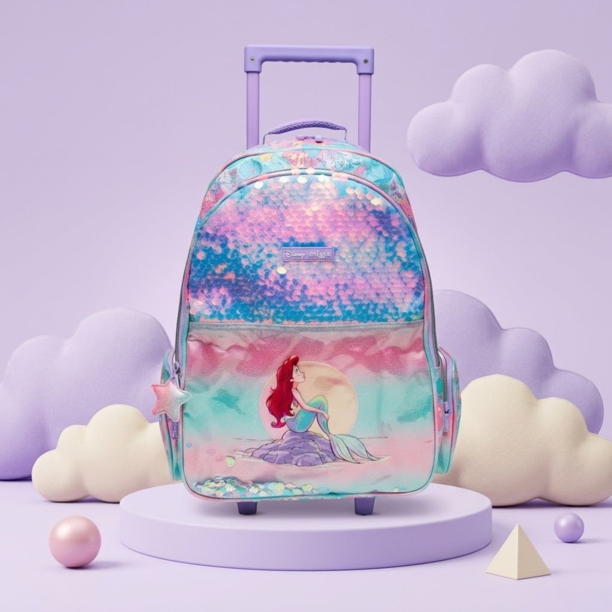Mermaid kids trolley school bag with LED light wheels, glitter sequin backpack for girls with telescopic handle