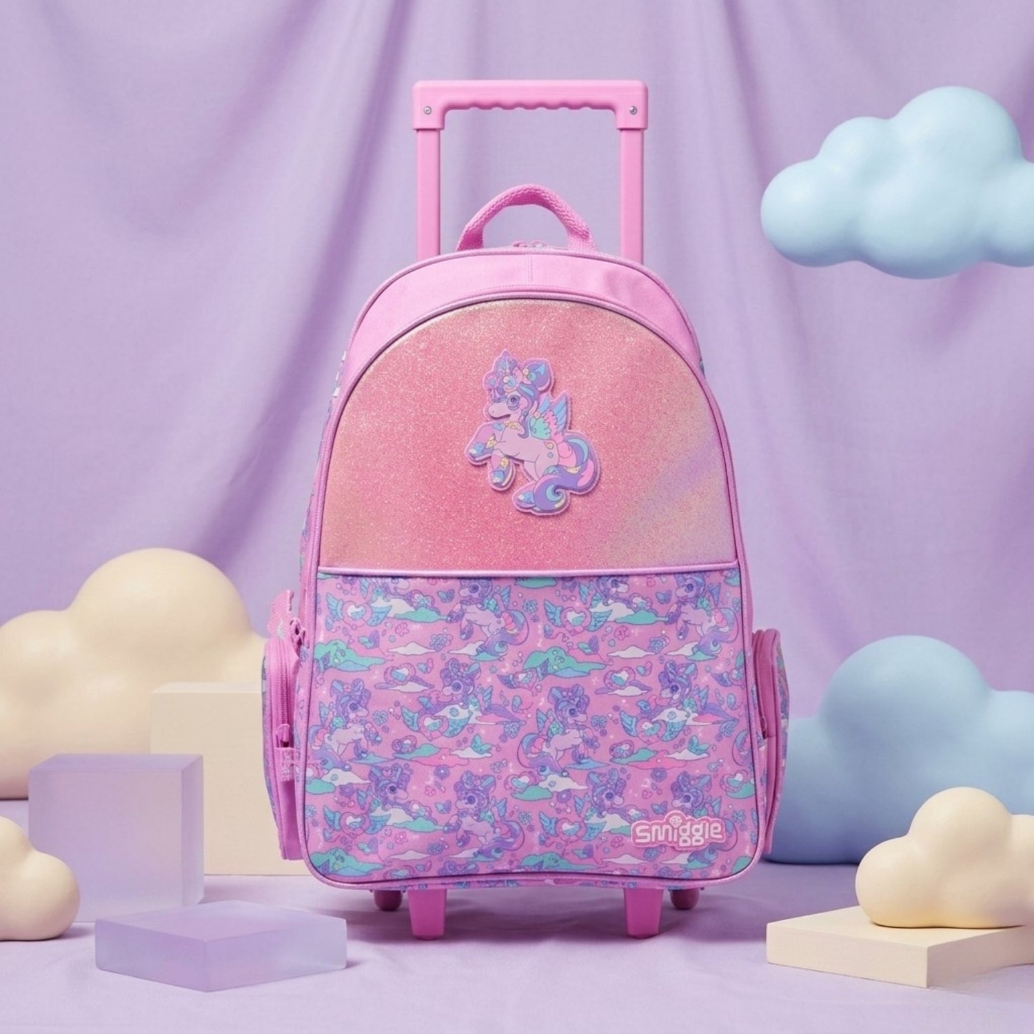 Kids unicorn trolley backpack with wheels, pastel glitter school bag for girls with pull handle