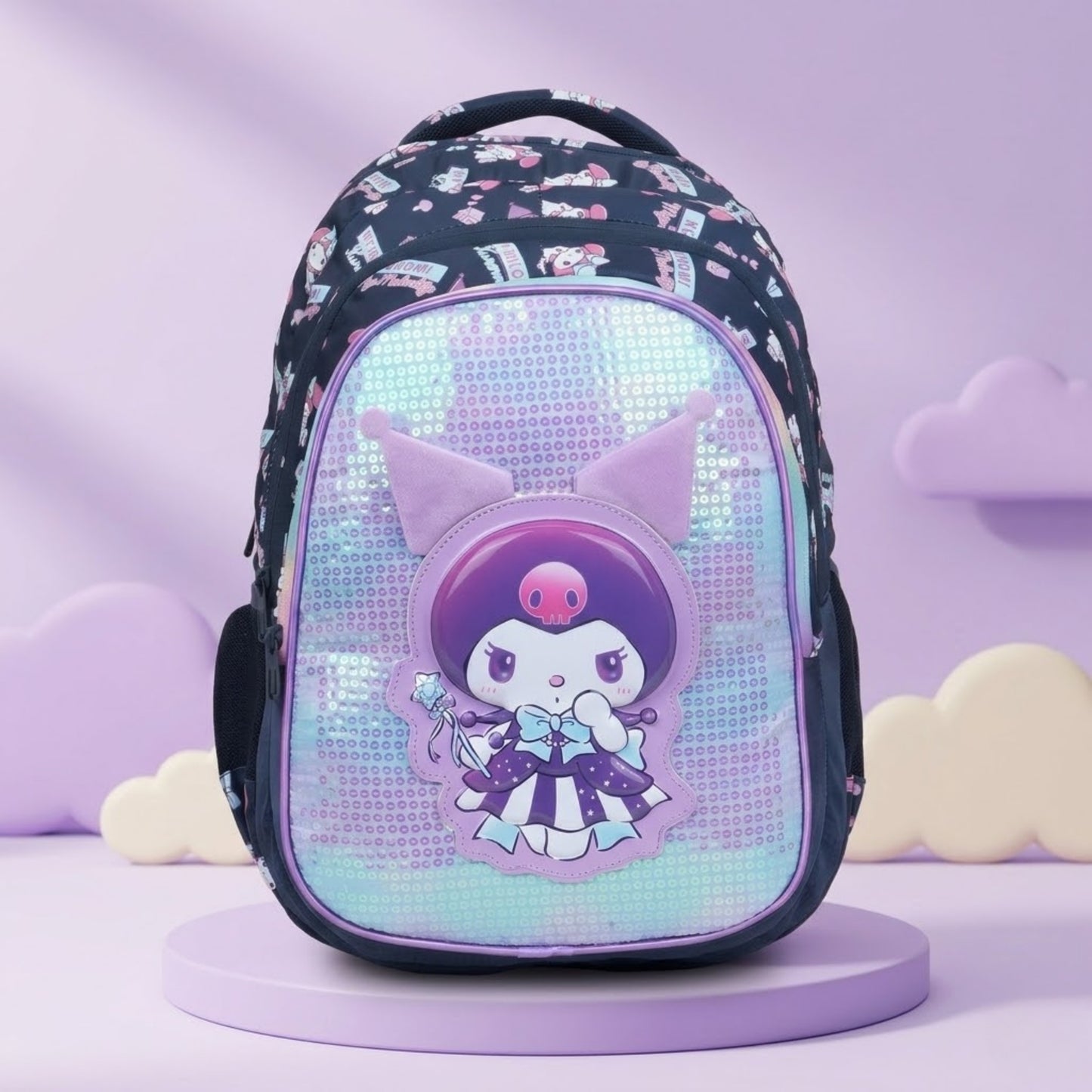 Cute Kuromi style glitter school backpack with holographic front panel, spacious kids school bag for girls