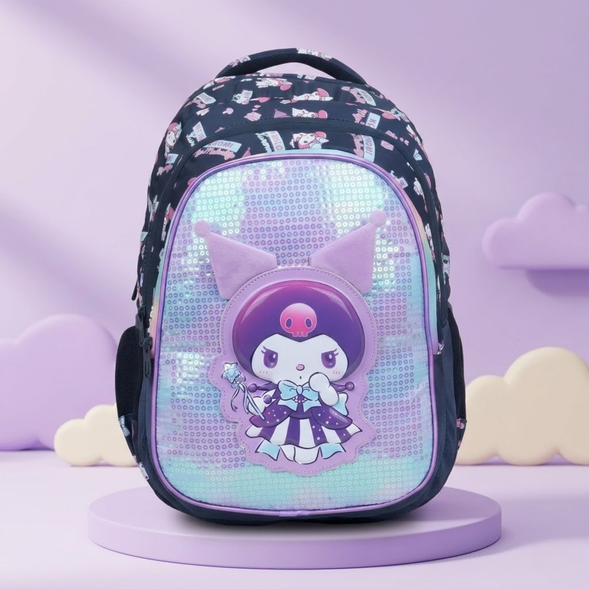 Cute Kuromi style glitter school backpack with holographic front panel, spacious kids school bag for girls