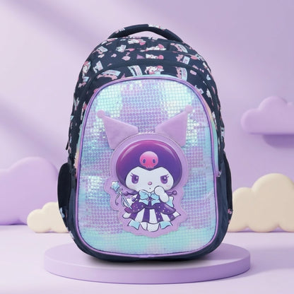 Cute Kuromi style glitter school backpack with holographic front panel, spacious kids school bag for girls