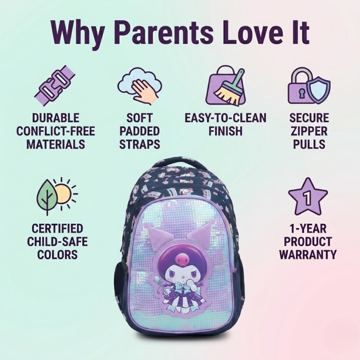 18" Kuromi Holographic lightweight School Backpack