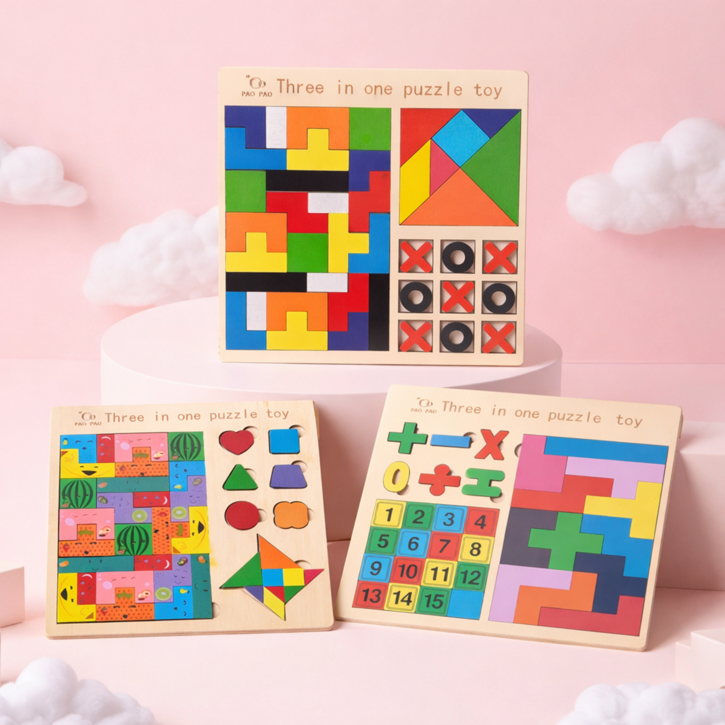 3-in-1 Wooden Puzzle Board for Kids