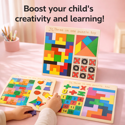 3-in-1 Wooden Puzzle Board for Kids