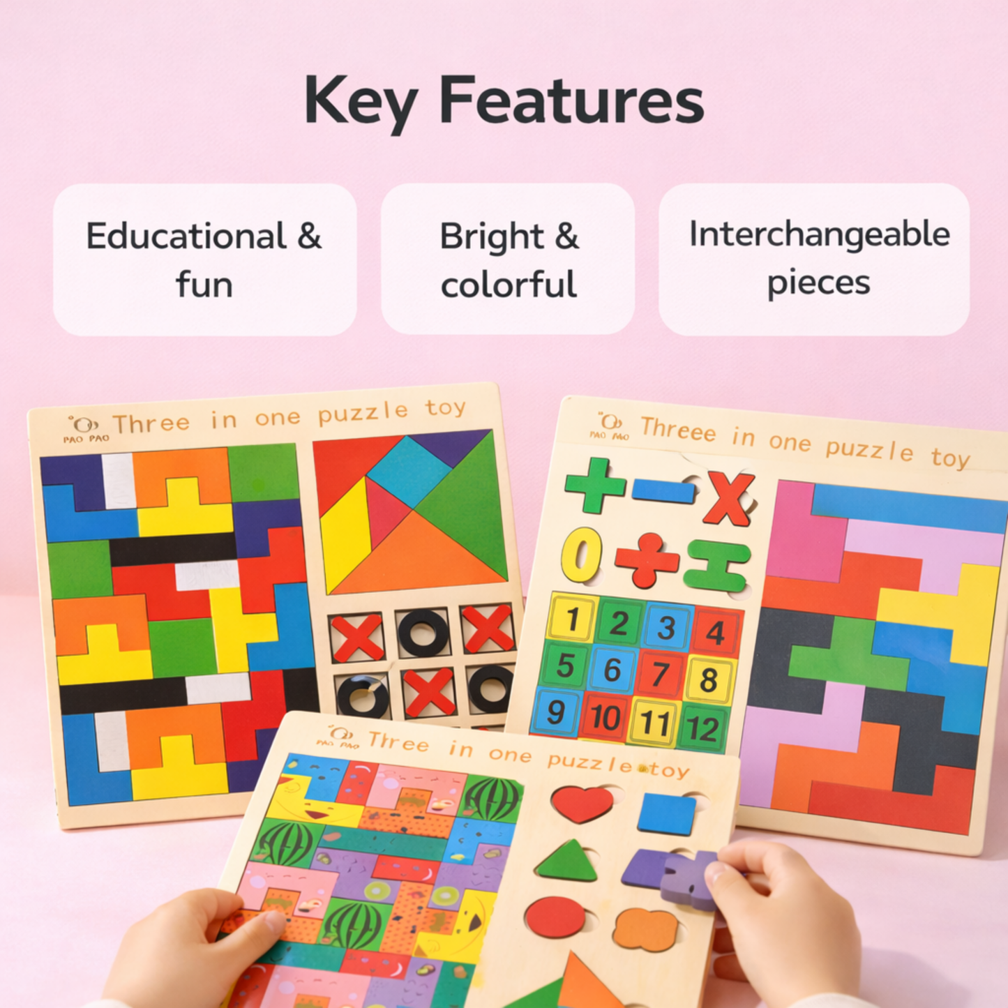 3-in-1 Wooden Puzzle Board for Kids