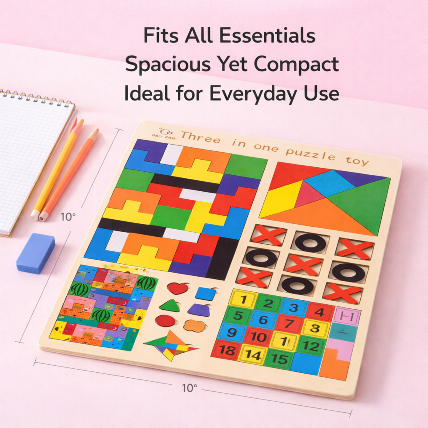 3-in-1 Wooden Puzzle Board for Kids
