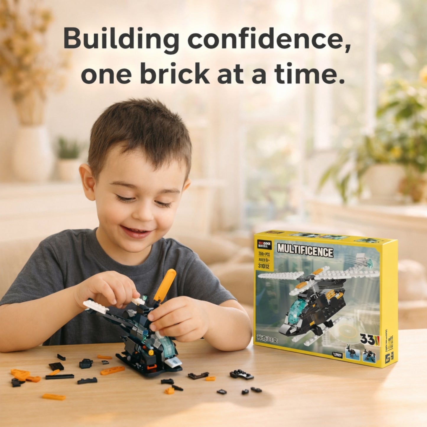 Child assembling Multificence 33-in-1 helicopter building blocks set with construction pieces for kids aged 6+ years
