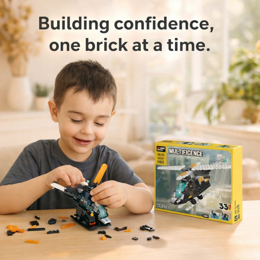 Child assembling Multificence 33-in-1 helicopter building blocks set with construction pieces for kids aged 6+ years