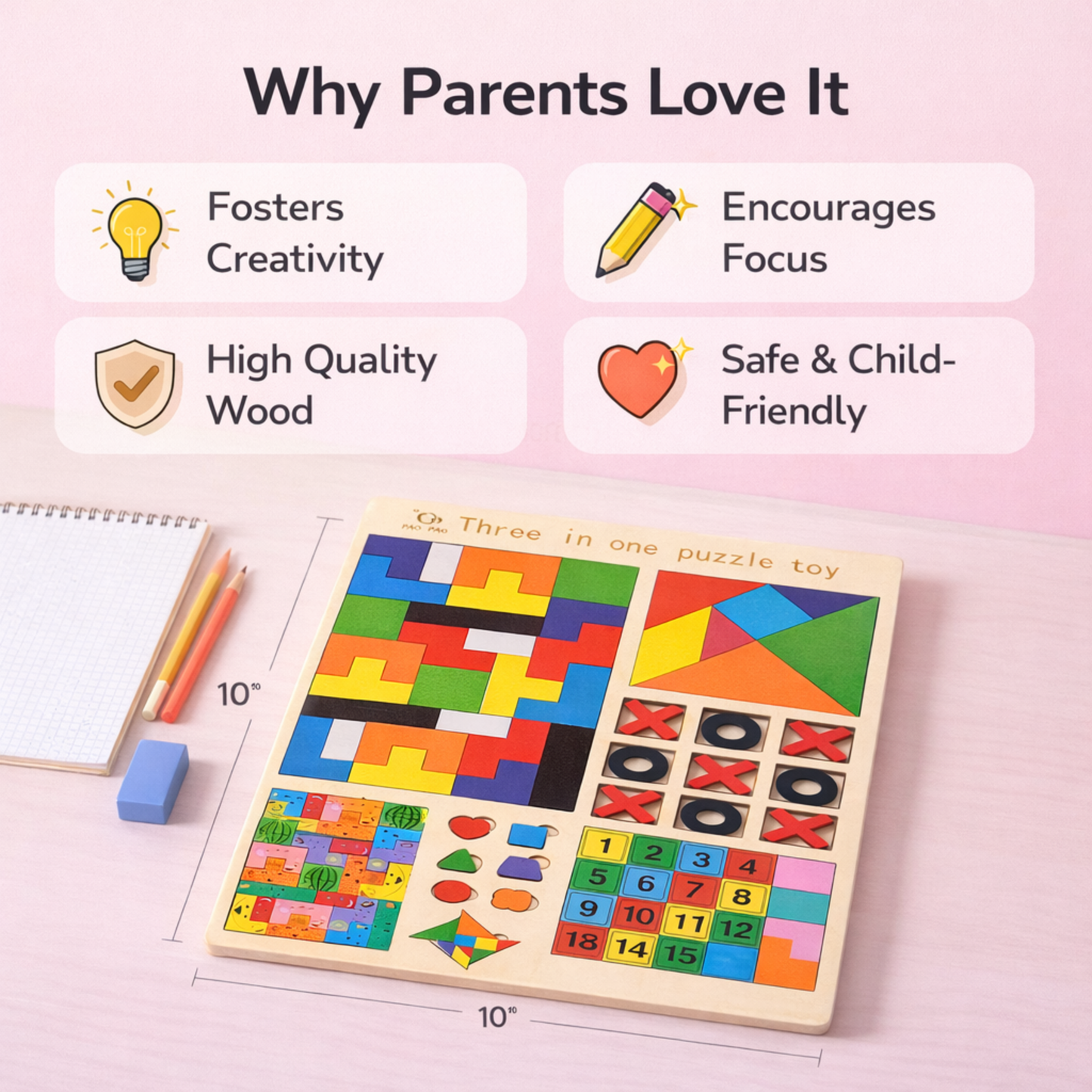 3-in-1 Wooden Puzzle Board for Kids
