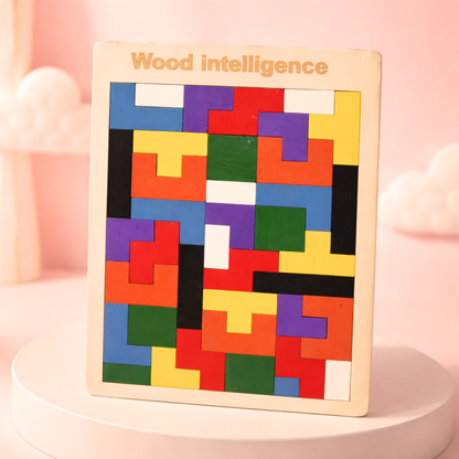 “Colorful wood intelligence puzzle board with interlocking geometric wooden blocks for kids educational play.”