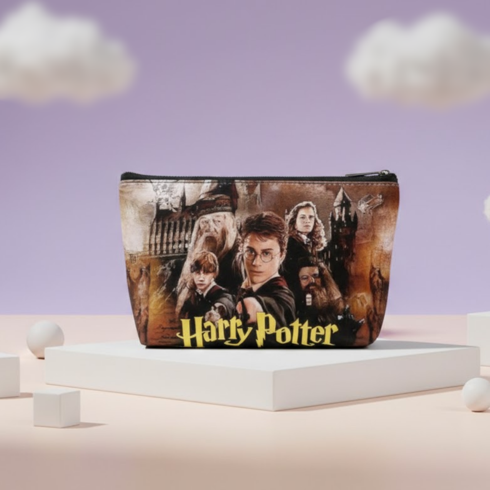 Vegan leather Harry Potter themed pouch with character artwork, displayed on a pastel studio background