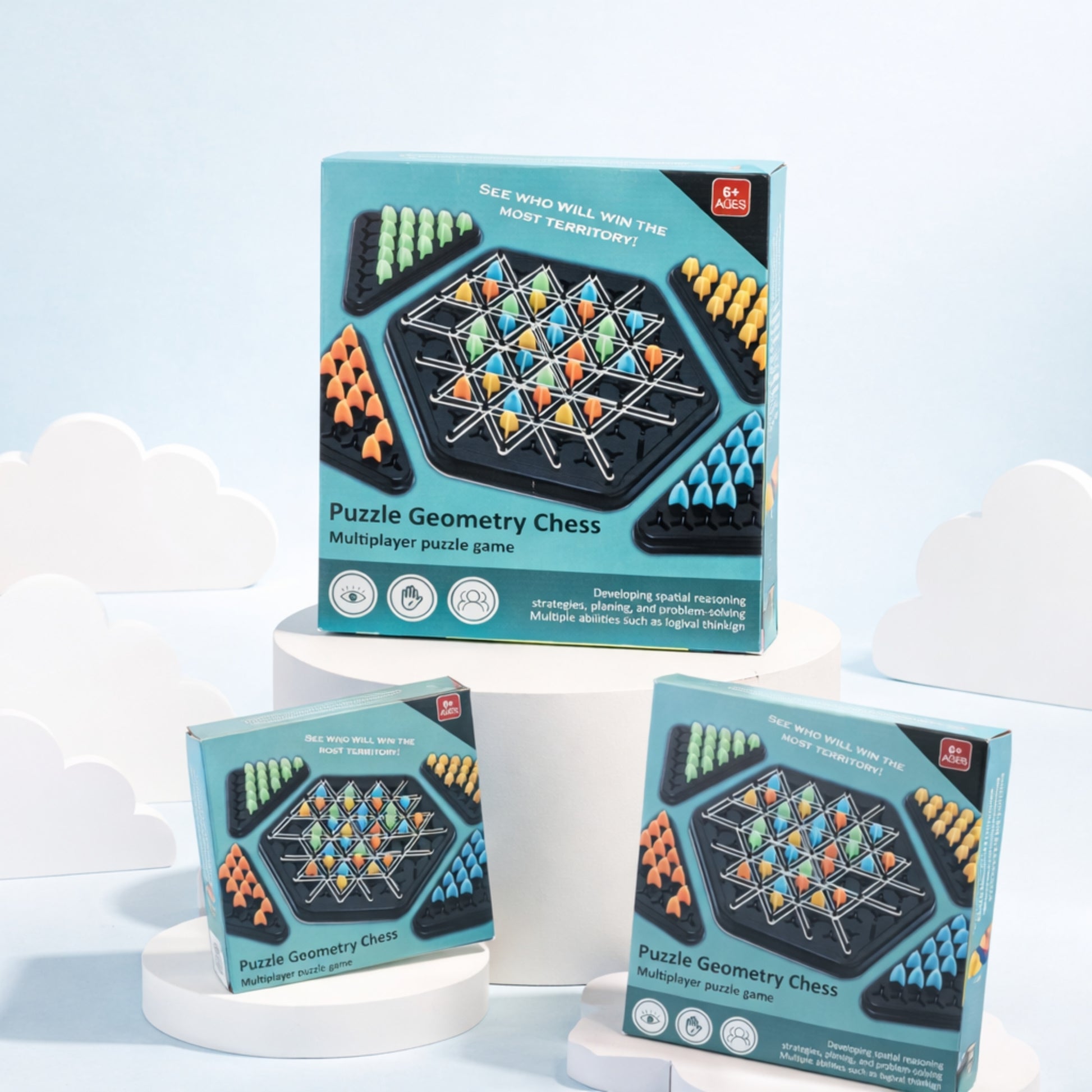 Puzzle Geometry Chess multiplayer strategy board game with colorful geometric pieces for kids and family play.”
