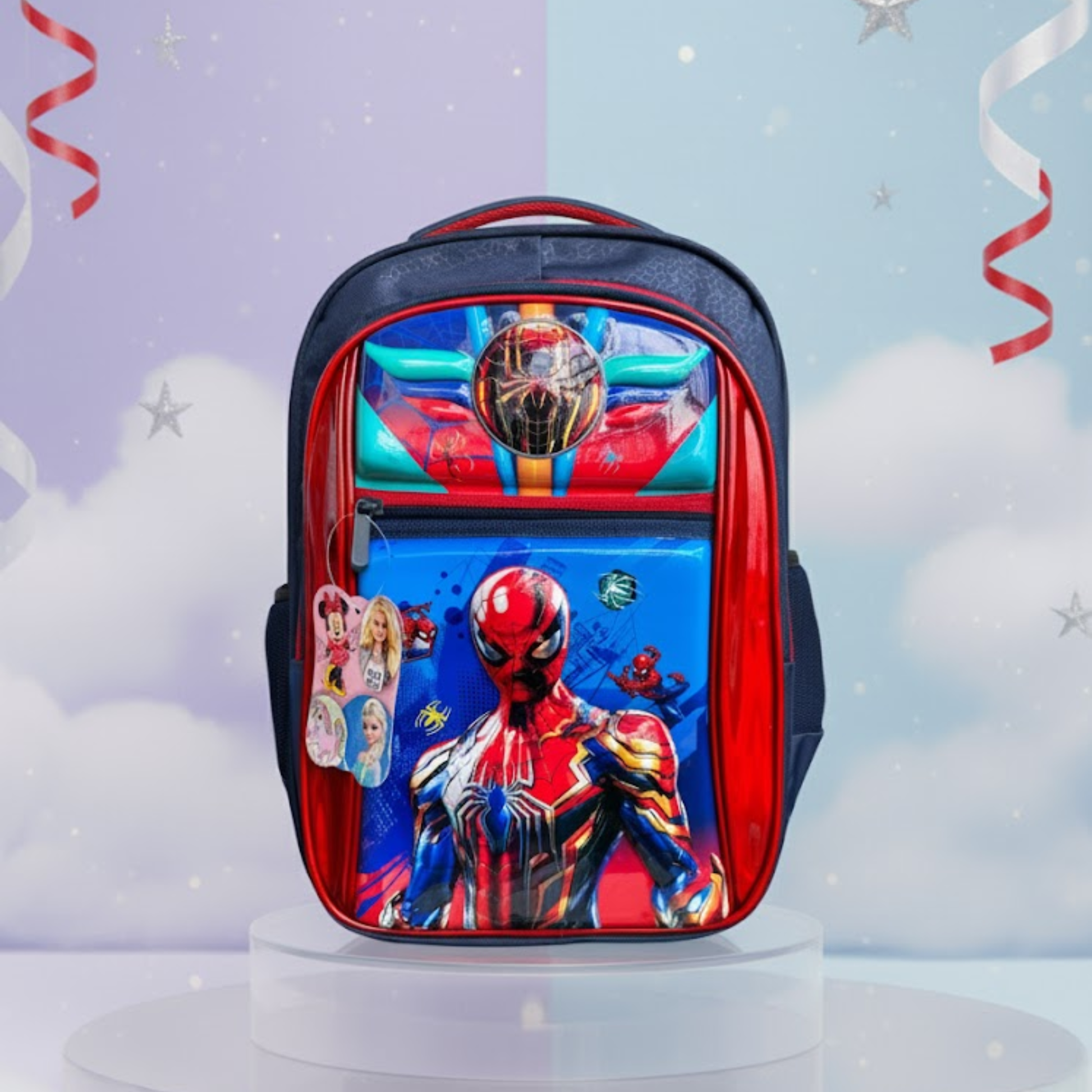 Kids red superhero-themed Spiderman school backpack with front zipper pocket and web-inspired design