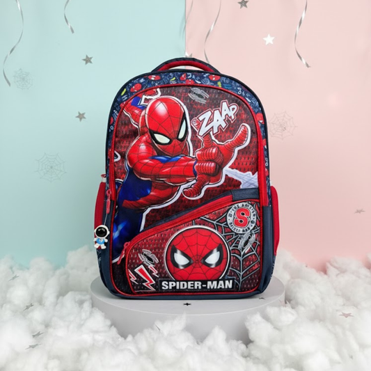 Kids red superhero-themed Spiderman school backpack with front zipper pocket and web-inspired design