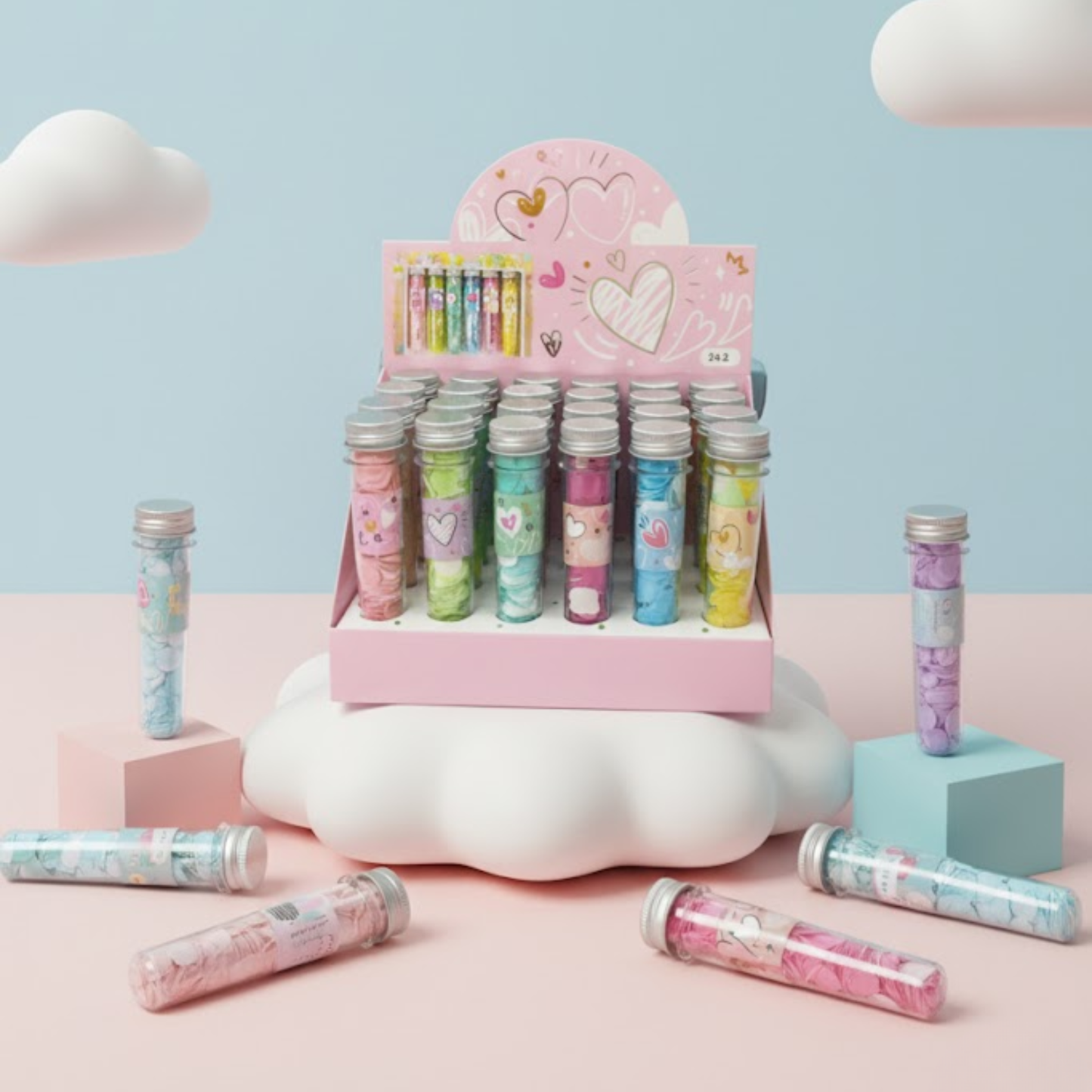 Colorful paper soap slip tubes for kids travel hygiene and gifting.