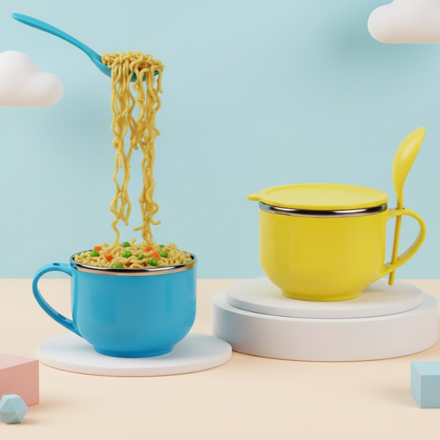 Kids stainless steel noodle cups with lids and spoons in yellow