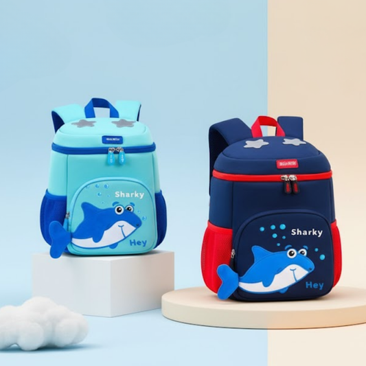 Cute kids shark backpack set in blue and navy colors with 3D shark design – lightweight school bags for toddlers and preschoolers.