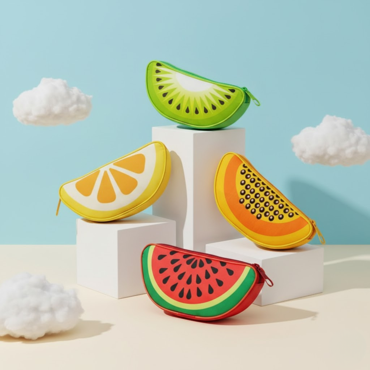 et of fruit-shaped pencil pouches in kiwi, lemon, papaya and watermelon designs