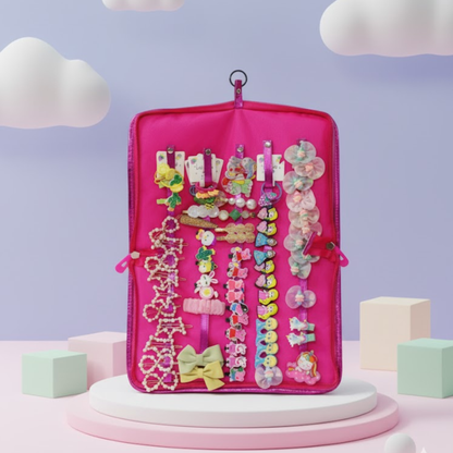 Pink hair accessory organizer filled with colorful kids’ hair clips, bows, scrunchies, and decorative barrettes.