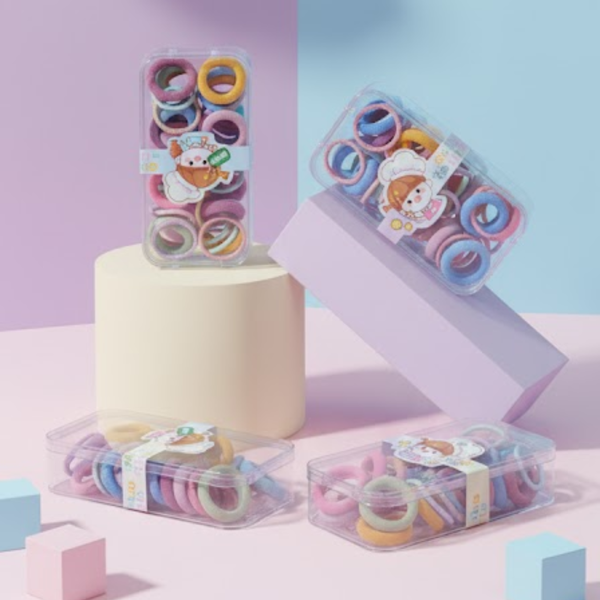 Pack of colorful soft hair ties in assorted pastel shades.