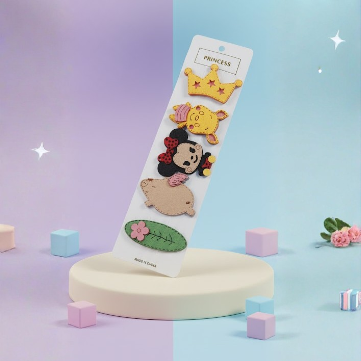 Cute cartoon felt hair clips featuring a crown, giraffe, girl character, pig, and leaf design.