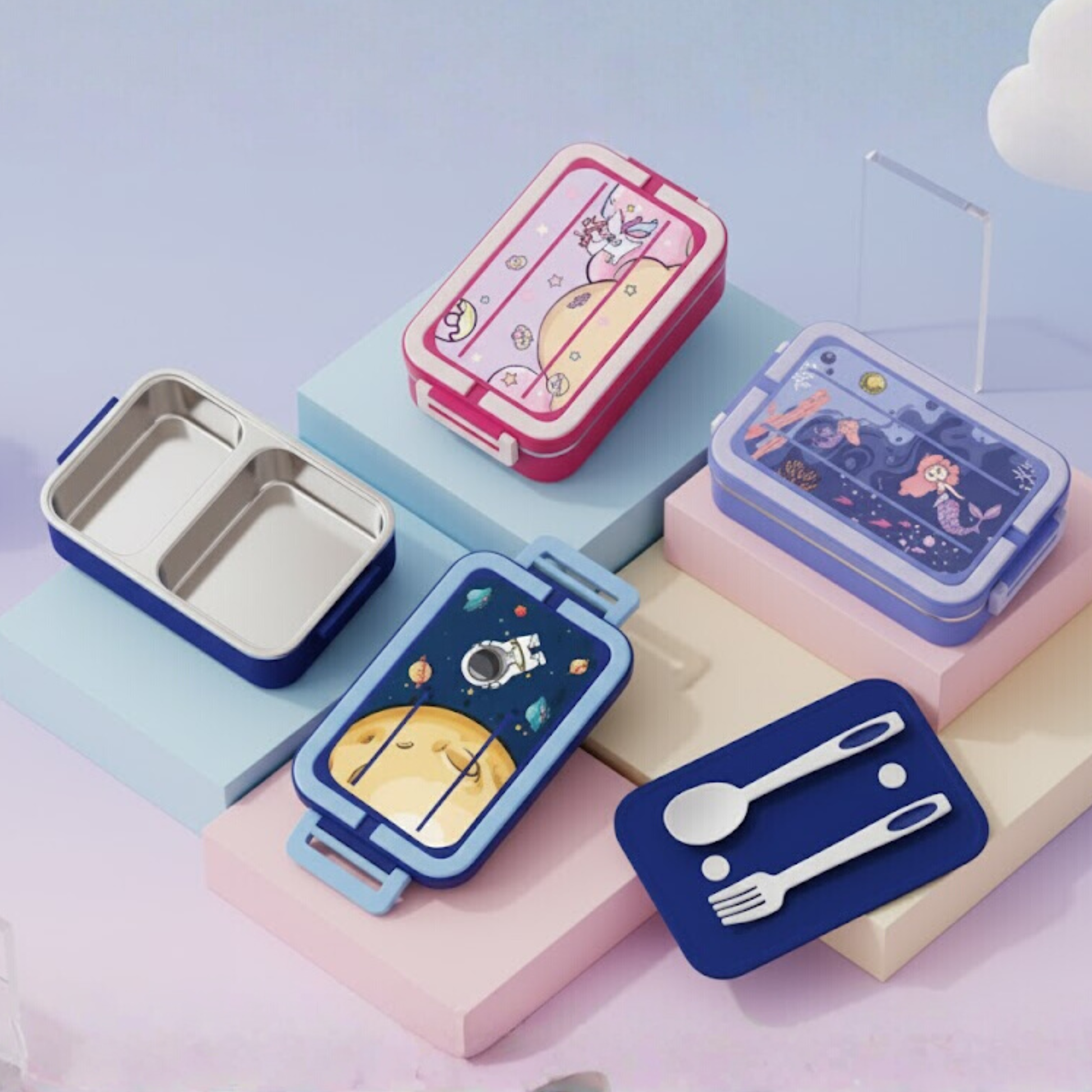 Colorful kids lunch boxes with cute space and fantasy designs, securely locking lids, and included utensils