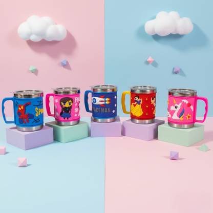 Set of colourful stainless steel kids mugs with cartoon-themed prints.