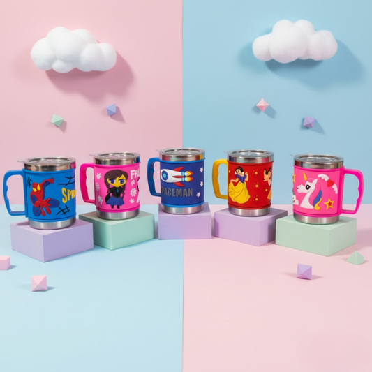 Set of colourful stainless steel kids mugs with cartoon-themed prints.