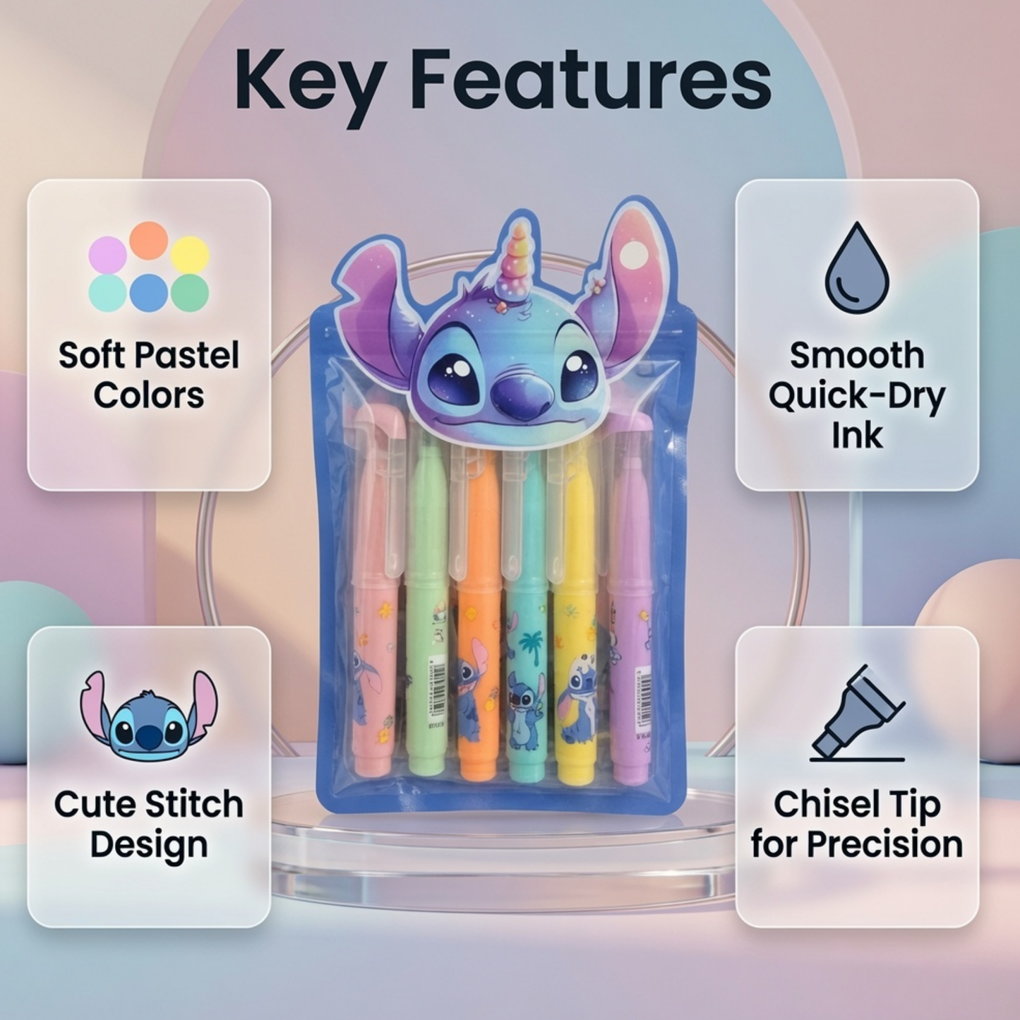 Disney Stitch Pastel Highlighter Set of 6 Soft Colours