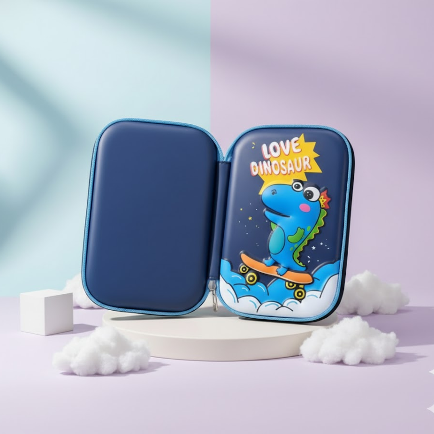 Kids hard shell pencil case with blue dinosaur skateboard design – durable zippered stationery organizer for school.