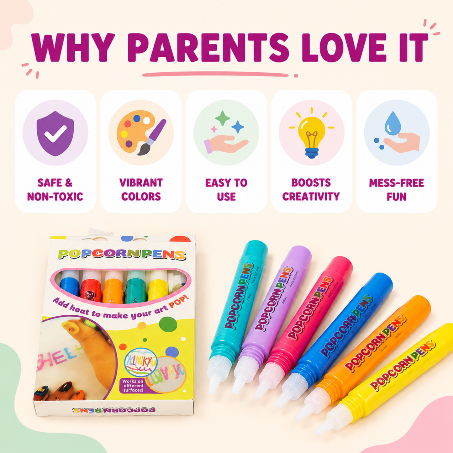 Popcorn Pens 6 Pack Puffy Paint Pen Set