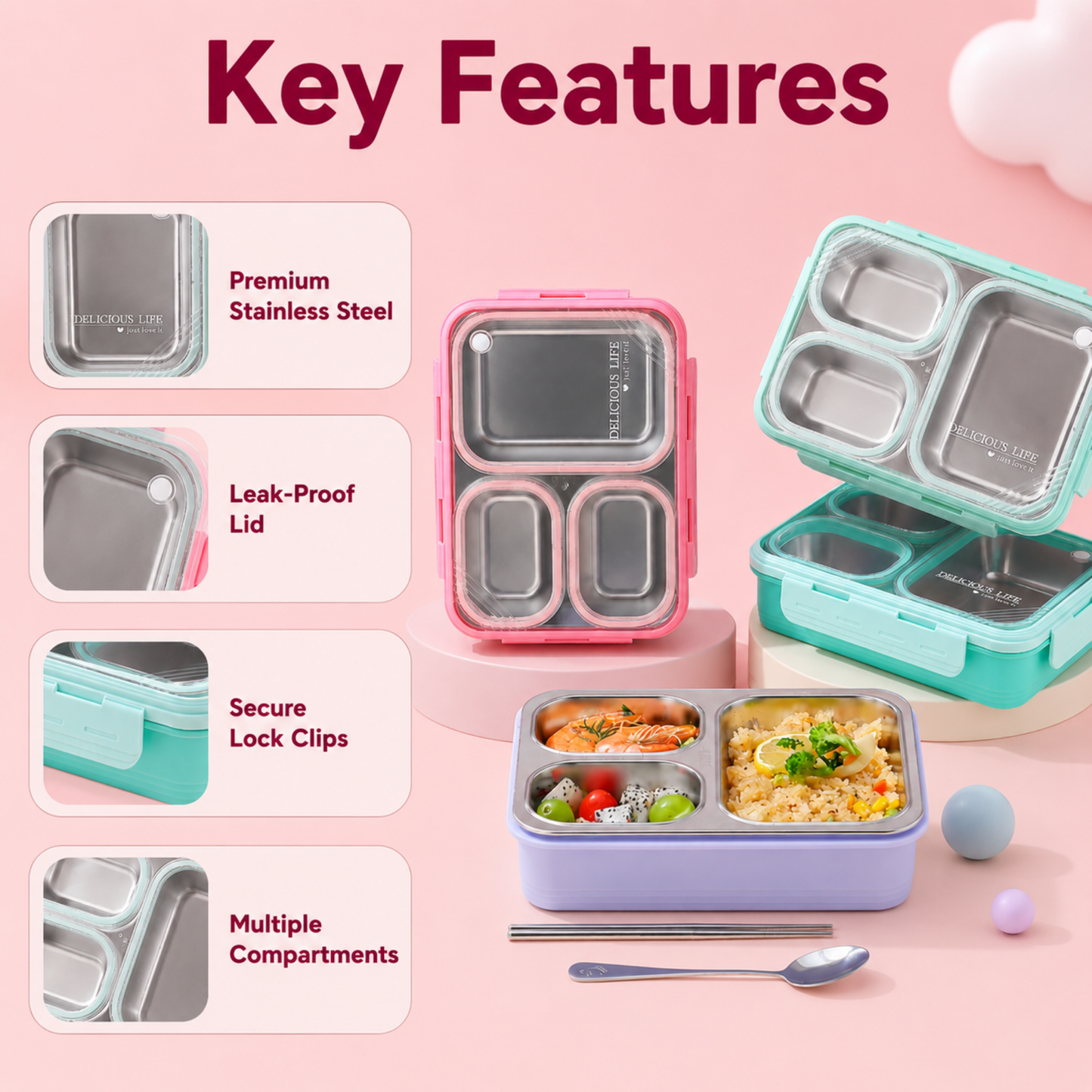 3 partition Stainless Steel Lunch box
