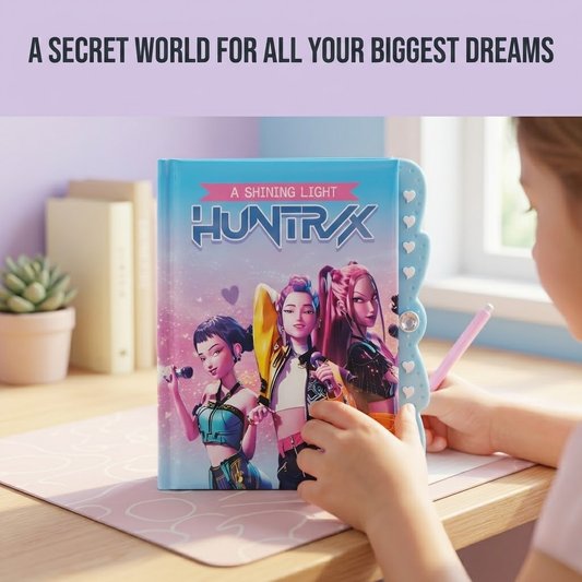 “Huntrix K-pop themed diary notebook with lock and heart design cover for kids journaling.”