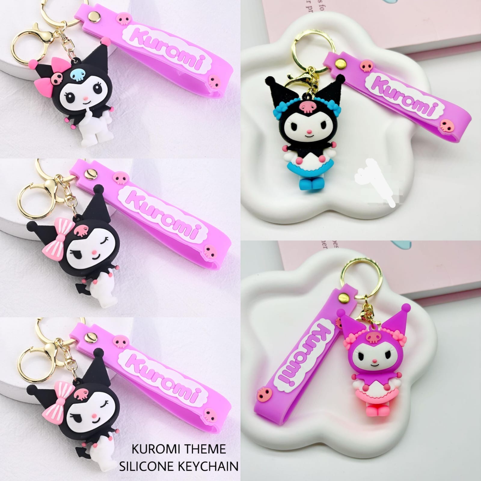 keychains with character charms and purple tags 