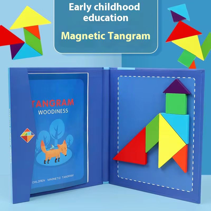 Magnetic tangram early childhood education set with colorful geometric pieces displayed in a blue book-style case.