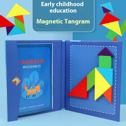 Magnetic tangram early childhood education set with colorful geometric pieces displayed in a blue book-style case.