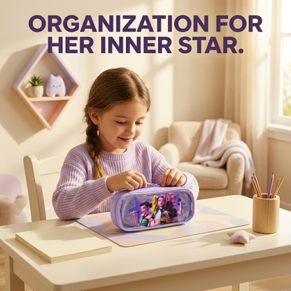 Set of 4 KPOP themed mini pencil pouches with cute character designs in pastel colors for kids and teens