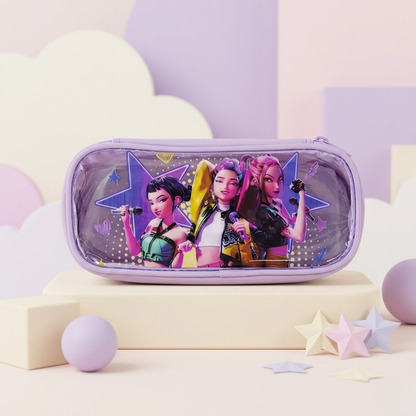 Set of 4 KPOP themed mini pencil pouches with cute character designs in pastel colors for kids and teens