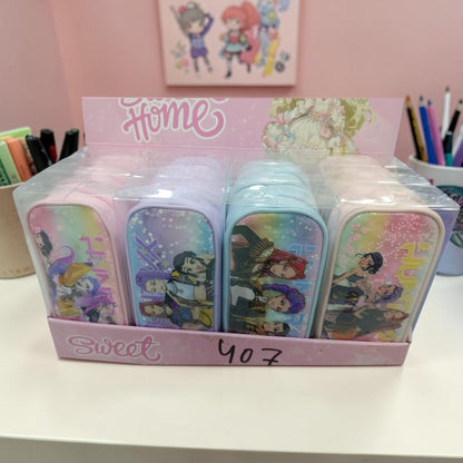 Set of 4 KPOP themed mini pencil pouches with cute character designs in pastel colors for kids and teens