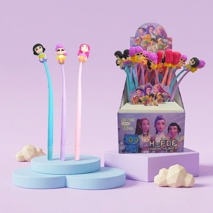 Cute cartoon topper gel pens for kids, kawaii character flexible pens pack of 48, birthday return gift stationery set for children